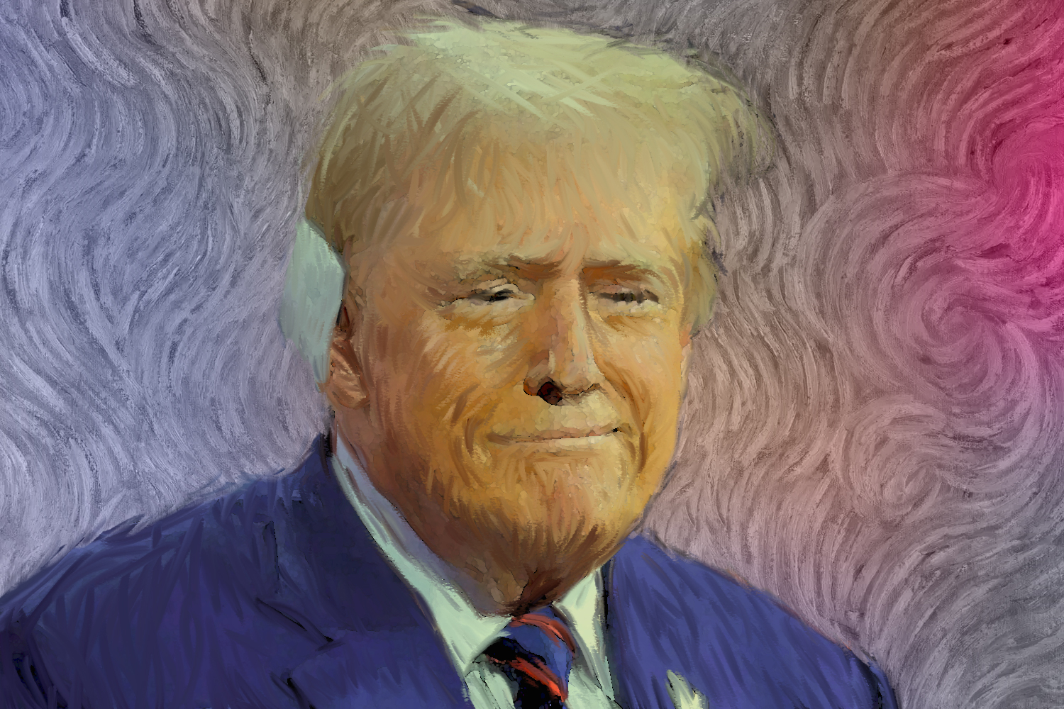 Détournement d'un portrait de Donald Trump avec un pansement sur l'oreille, peint à la manière de Vincent Van Gogh.
